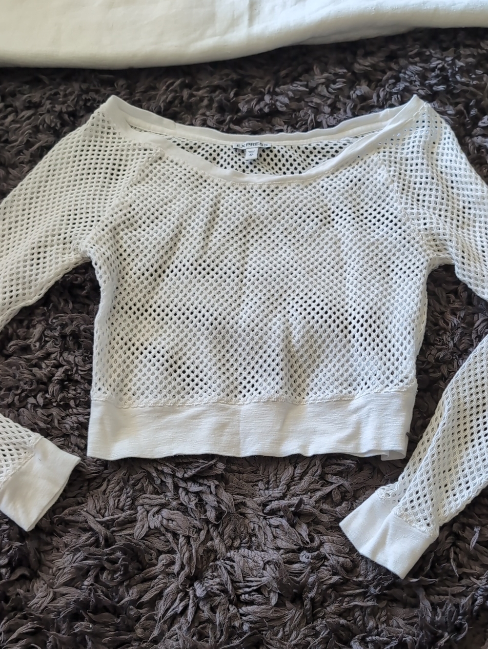 Express White Open-Knit Cropped Long Sleeve Top